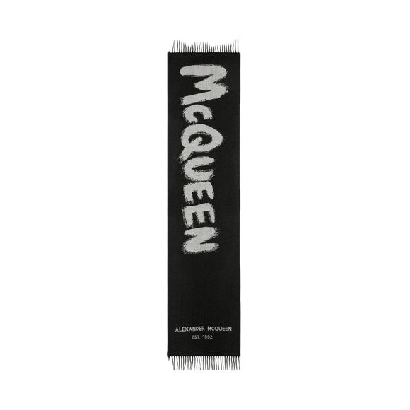 NWT Alexander McQueen Logo Graffiti Graphic Wool Scarf Black White - Picture 3 of 6